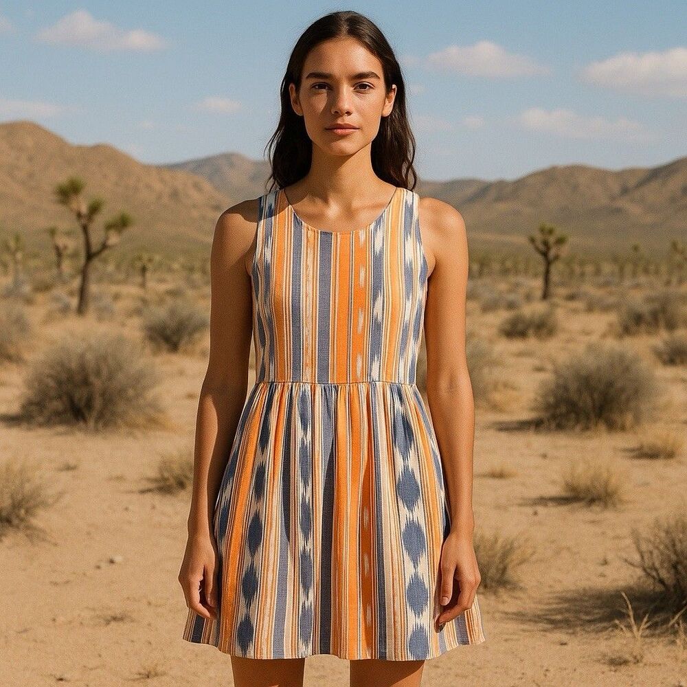 The Odells Ikat Stripe Mini Dress Womens XS Orange Blue Tribal Boho Desert